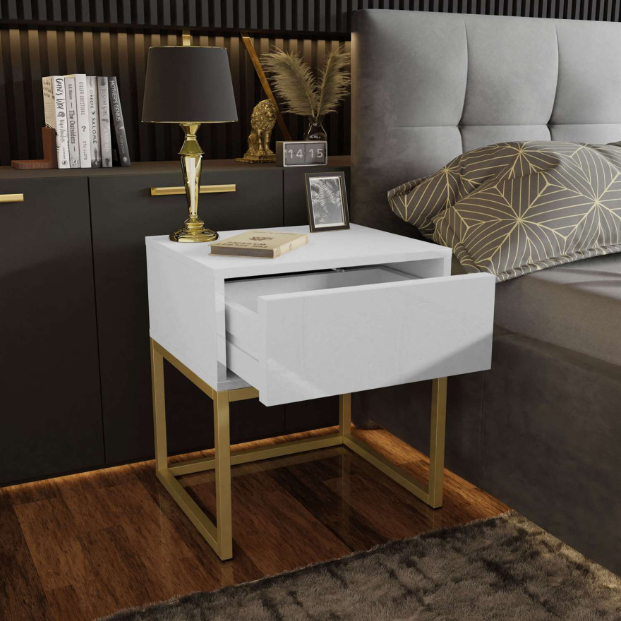 Stolik nocny BLANCO GLAMOUR na złotym stelażu