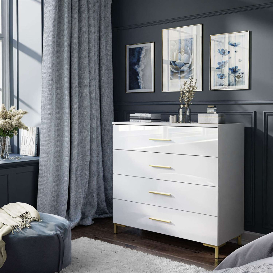 Komoda LINA z szufladami złote uchwyty nóżki LED