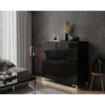 Komoda LINA GOLD PUSH OPEN czarny połysk z szufladami nóżki LED Komoda LINA GOLD PUSH OPEN czarny połysk z szufladami nóżki LED