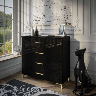 Komoda LINA GOLD czarny połysk z szufladami złote uchwyty nóżki LED