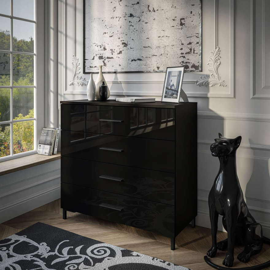 Komoda LINA czarny połysk z szufladami czarne uchwyty nóżki LED Komoda LINA czarny połysk z szufladami czarne uchwyty nóżki LED