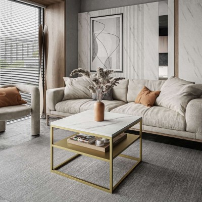 Stolik kawowy NOVA z półką złoty mat marmur levanto Stolik kawowy NOVA z półką złoty mat marmur levanto