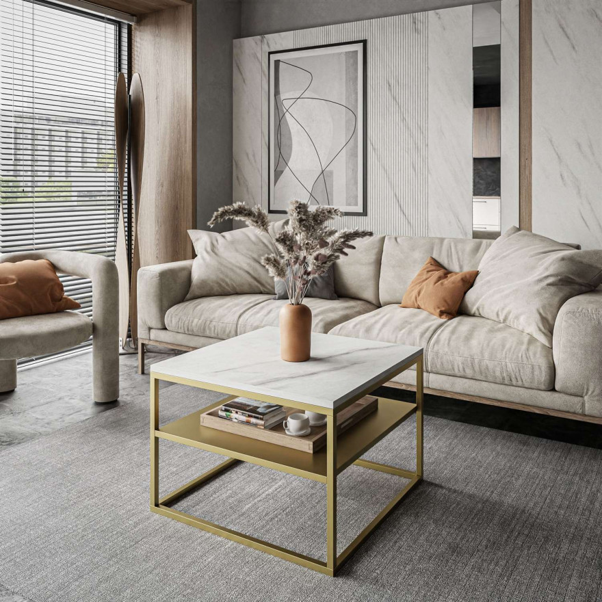 Stolik kawowy NOVA z półką złoty mat marmur levanto Stolik kawowy NOVA z półką złoty mat marmur levanto