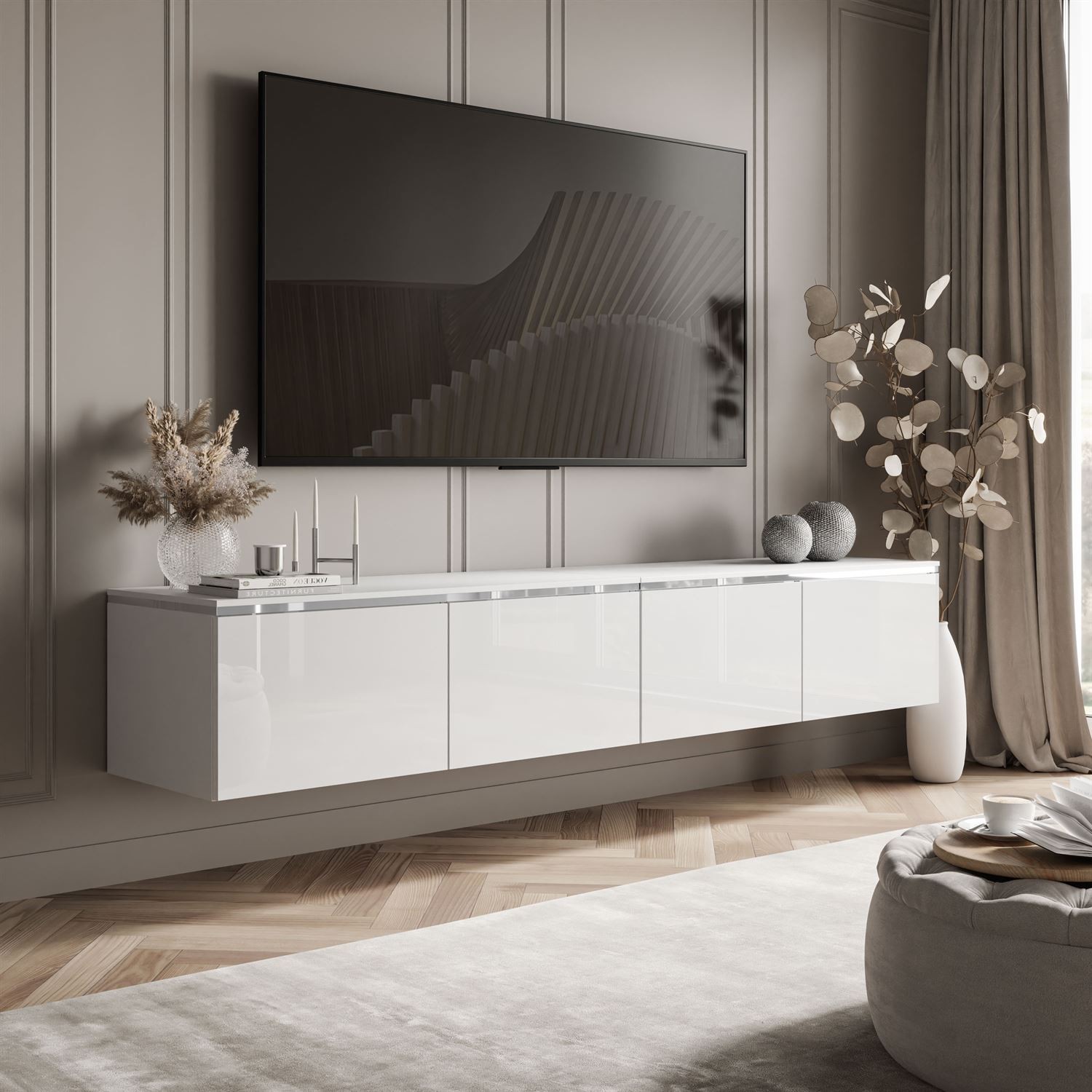 Szafka RTV wisząca CELINE GLOSS SILVER 200 cm z oświetleniem LED