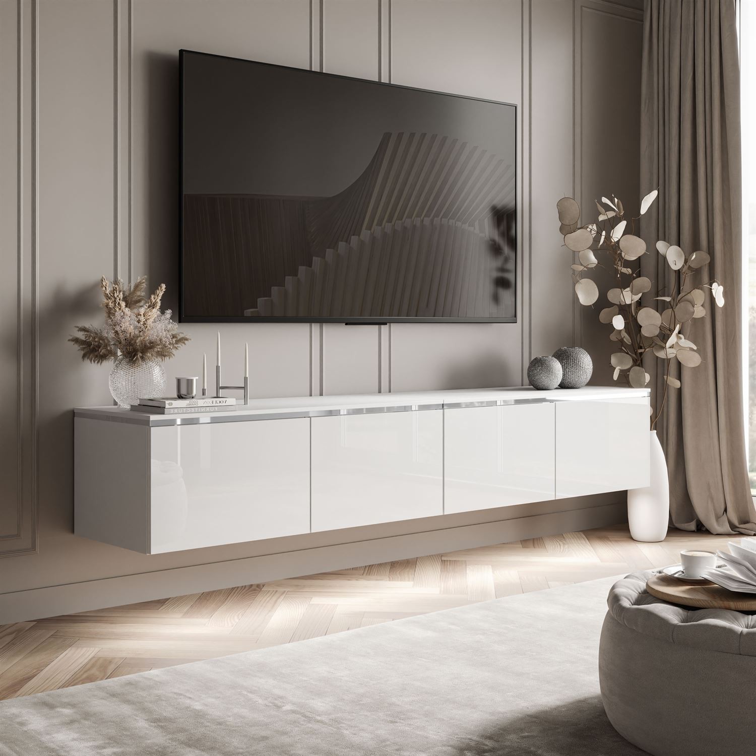 Szafka RTV wisząca CELINE GLOSS SILVER 200 cm z oświetleniem LED