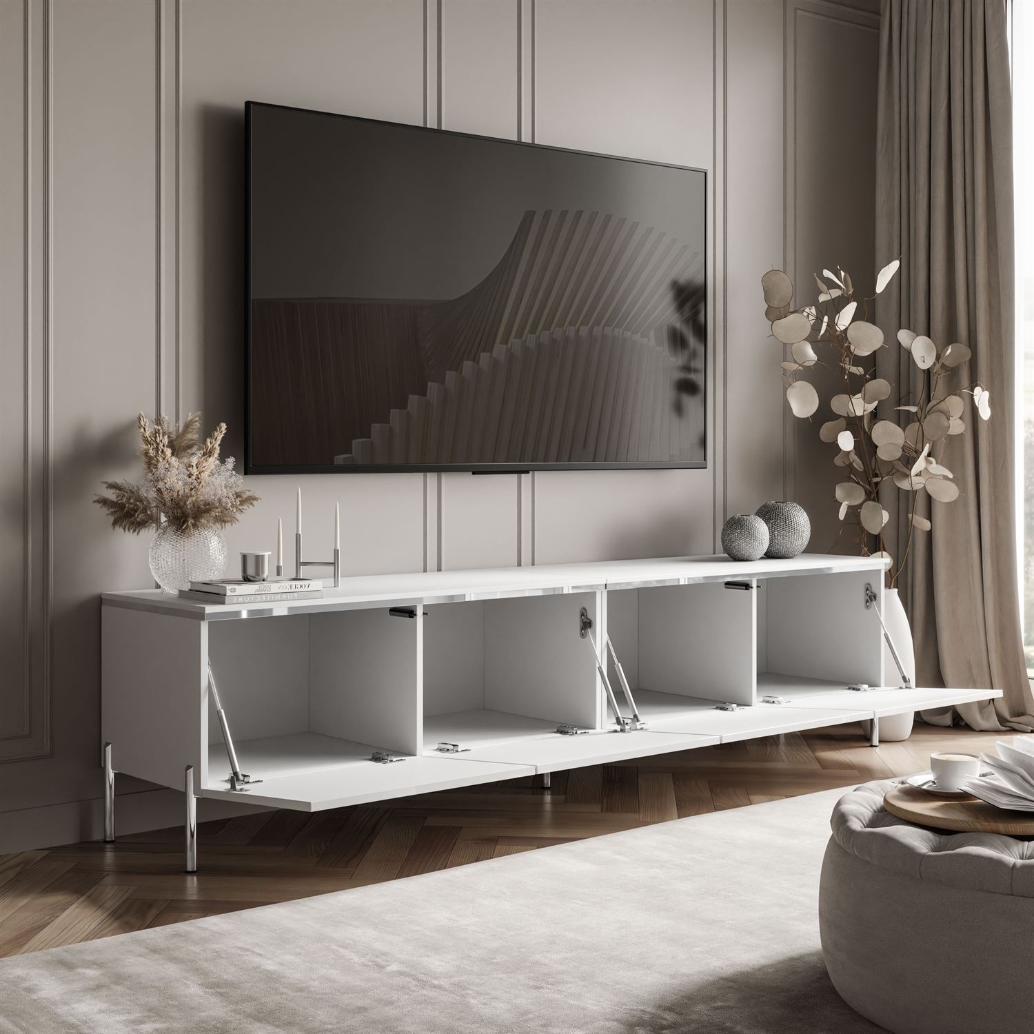 Szafka RTV CELINE GLOSS SILVER 200 cm na nóżkach