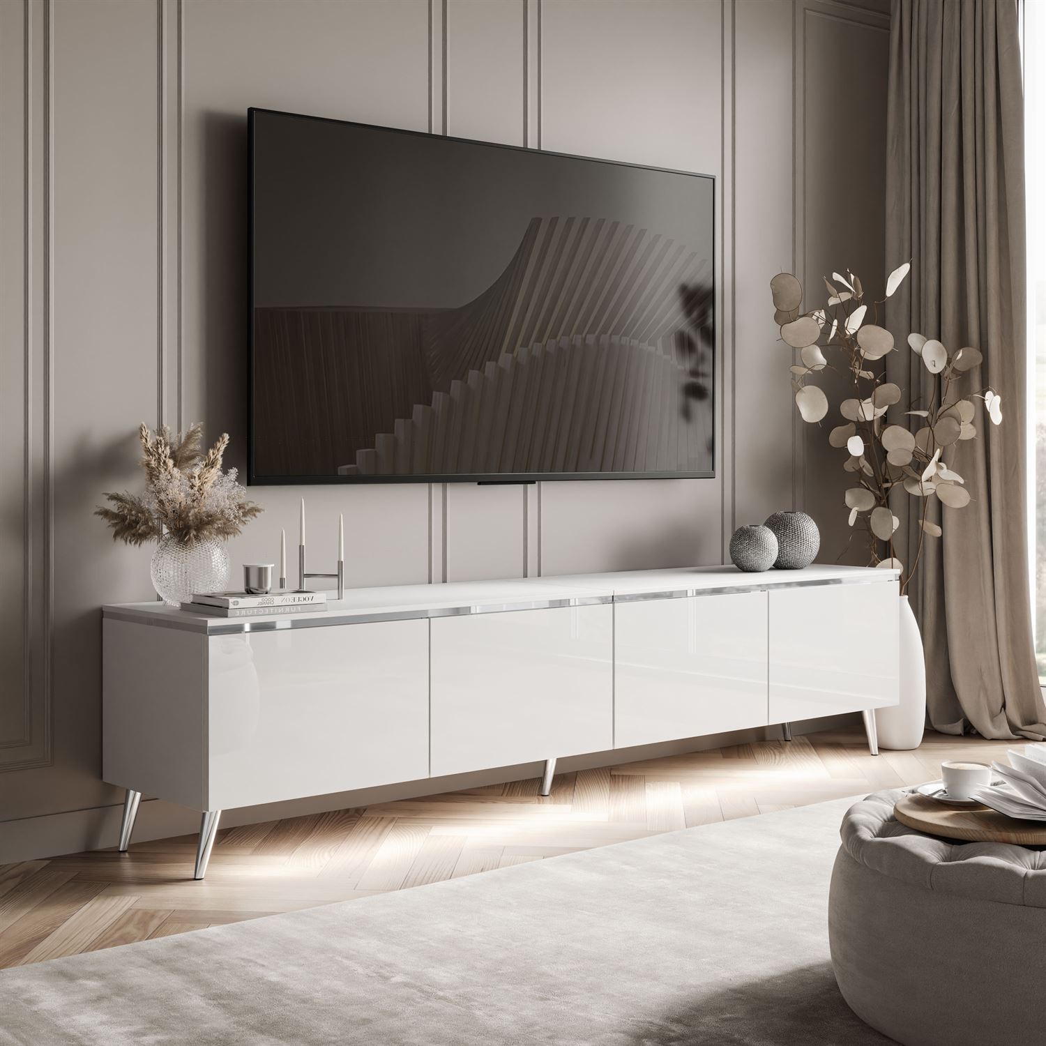 Szafka RTV CELINE GLOSS SILVER 200 cm na nóżkach