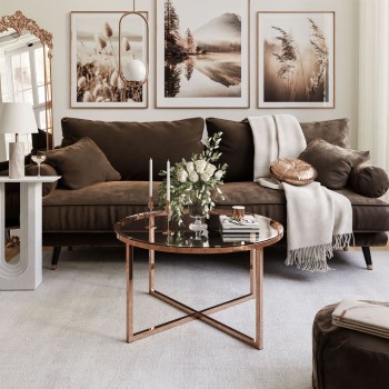 Okrągły stolik kawowy CIRI-X ze szklanym blatem i miedzianą podstawą