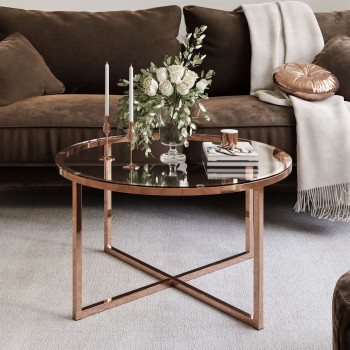 Okrągły stolik kawowy CIRI-X ze szklanym blatem i miedzianą podstawą