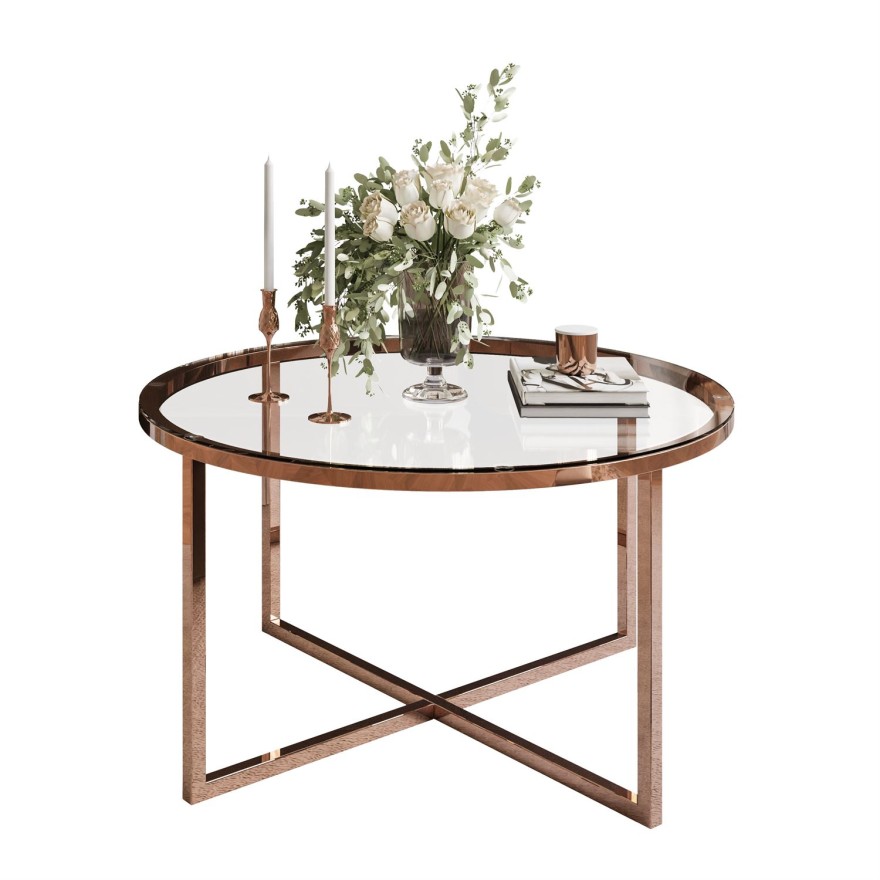 Okrągły stolik kawowy CIRI-X ze szklanym blatem i miedzianą podstawą