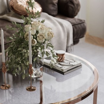 Okrągły stolik kawowy CIRI-X ze szklanym blatem i miedzianą podstawą