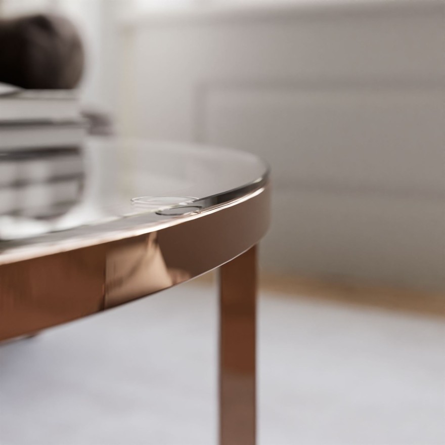 Okrągły stolik kawowy CIRI-X ze szklanym blatem i miedzianą podstawą