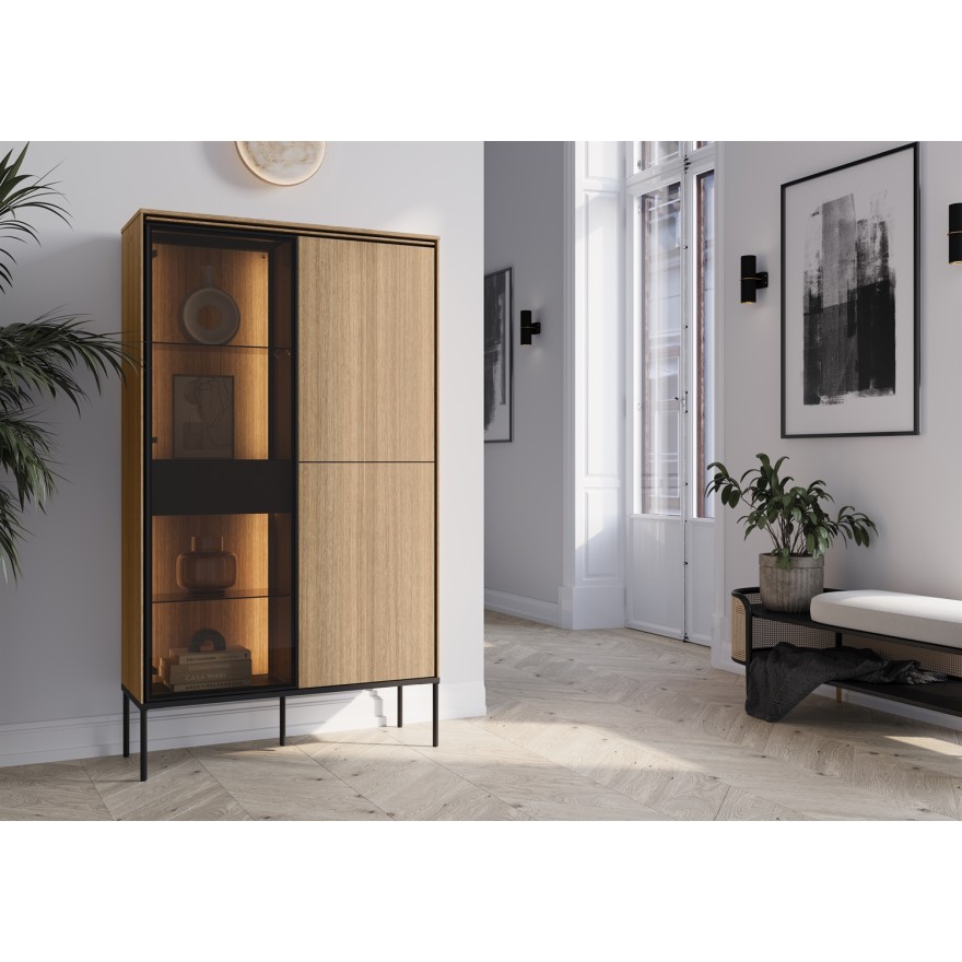 Witryna wysoka VISSO VI-01 z oświetleniem LED dąb linearny