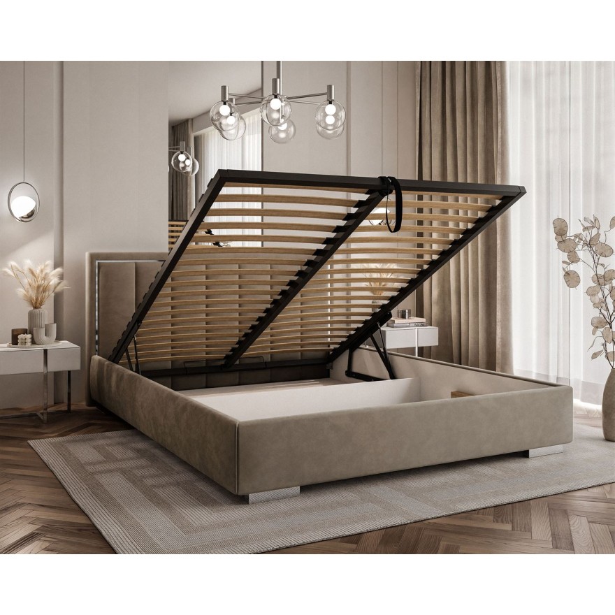 Łóżko tapicerowane AURELIA SILVER z pojemnikiem i metalowym stelażem