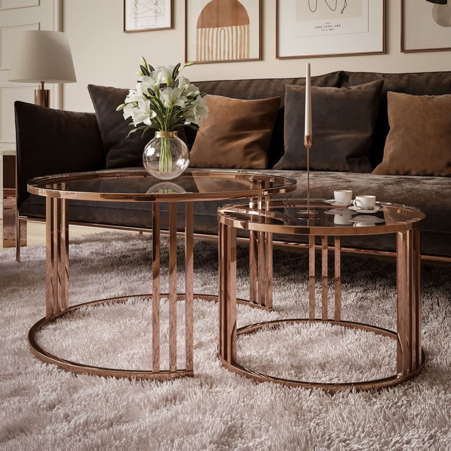 Zestaw stolików kawowych LORI 2w1 ze szklanym blatem i miedzianą podstawą