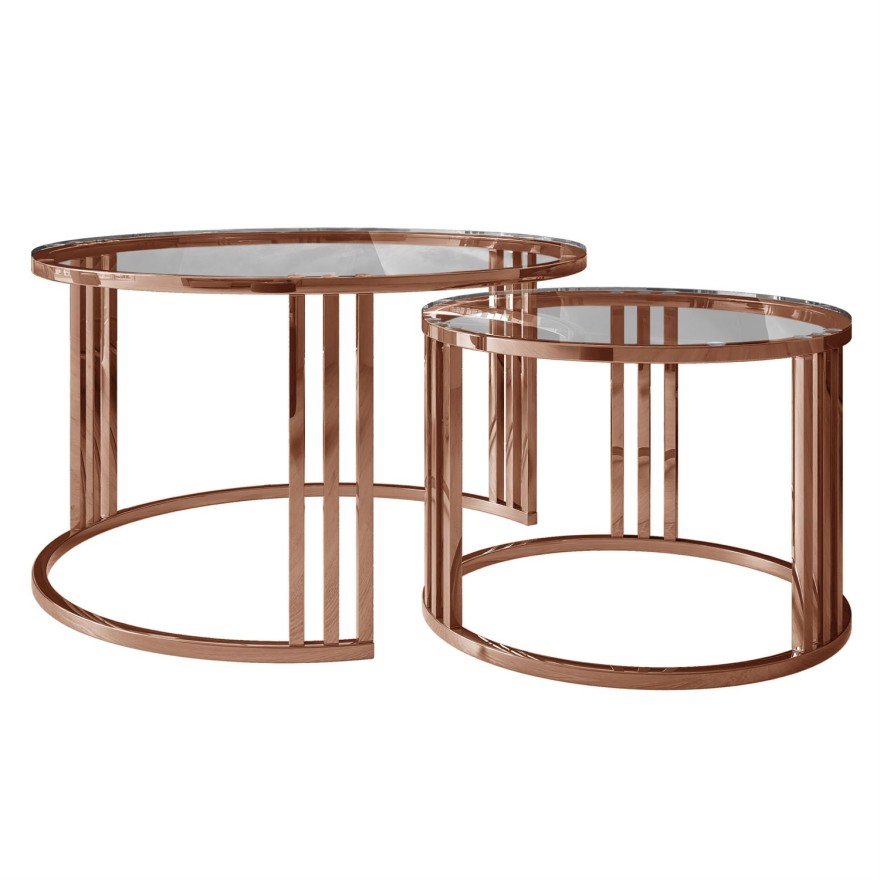 Zestaw stolików kawowych LORI 2w1 ze szklanym blatem i miedzianą podstawą
