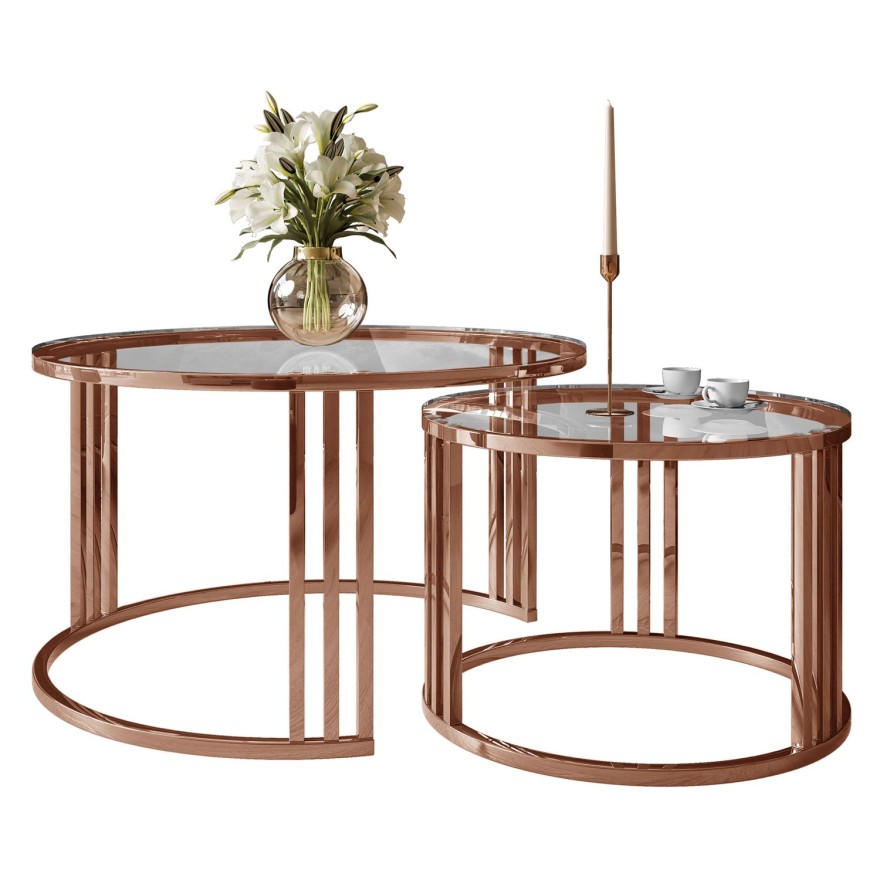 Zestaw stolików kawowych LORI 2w1 ze szklanym blatem i miedzianą podstawą