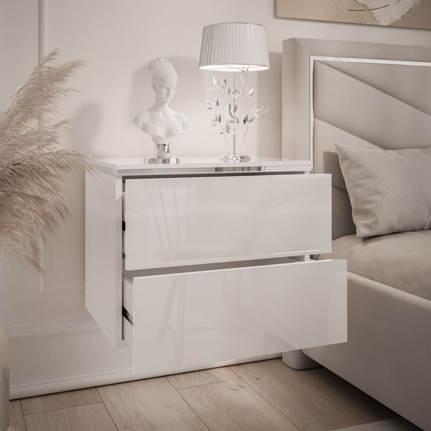 Stolik nocny AURORA II SILVER biały połysk z oświetleniem LED