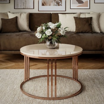 Okrągły stolik kawowy LORI połysk z miedzianym stelażem