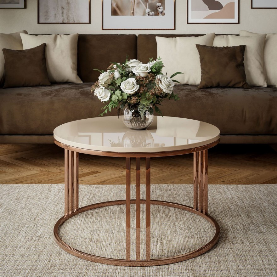 Okrągły stolik kawowy LORI połysk z miedzianym stelażem