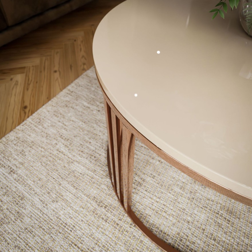 Okrągły stolik kawowy LORI połysk z miedzianym stelażem