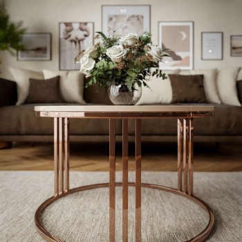 Okrągły stolik kawowy LORI połysk z miedzianym stelażem