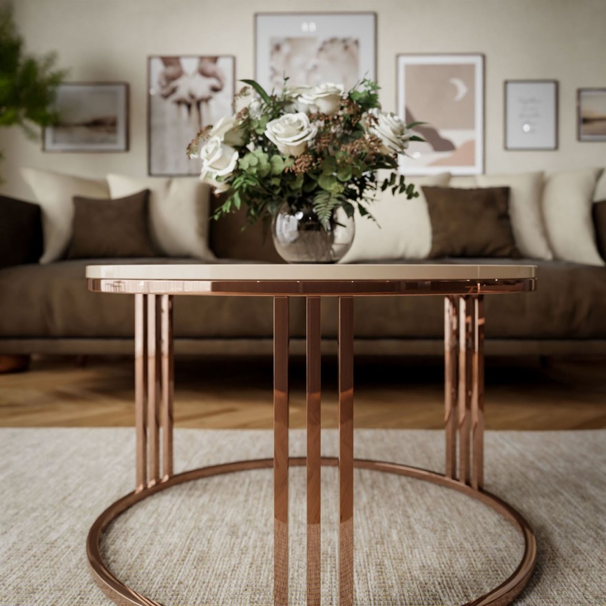 Okrągły stolik kawowy LORI połysk z miedzianym stelażem