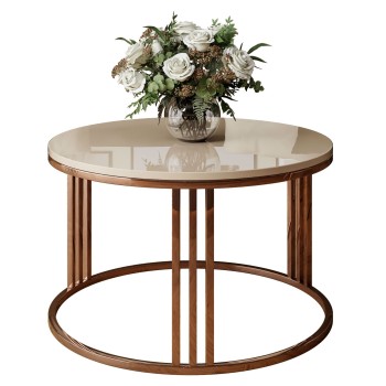Okrągły stolik kawowy LORI połysk z miedzianym stelażem