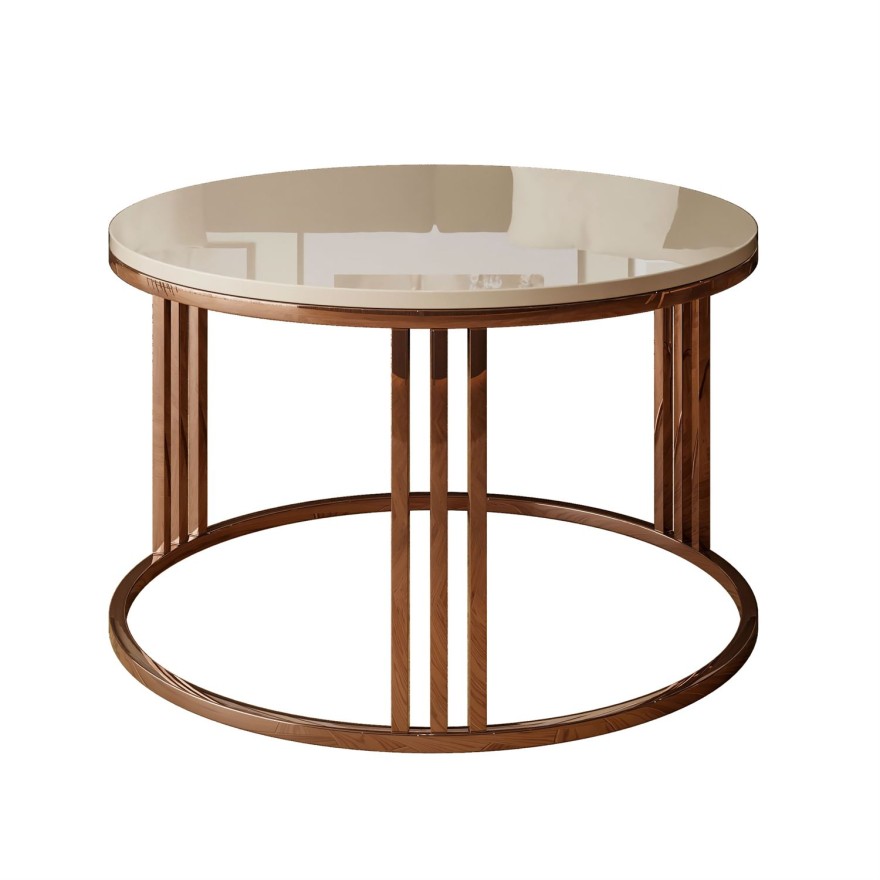 Okrągły stolik kawowy LORI połysk z miedzianym stelażem