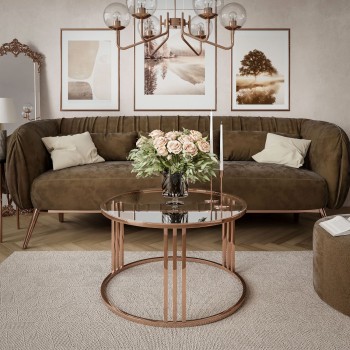 Okrągły stolik kawowy LORI GLASS z miedzianym stelażem