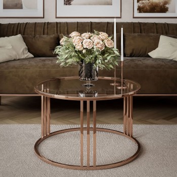 Okrągły stolik kawowy LORI GLASS z miedzianym stelażem