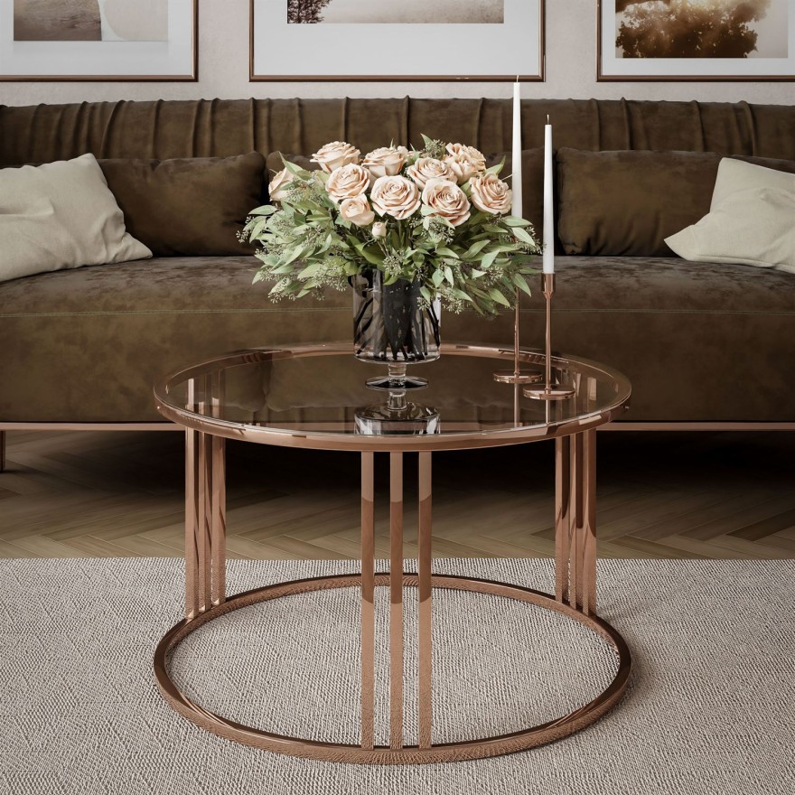 Okrągły stolik kawowy LORI GLASS z miedzianym stelażem
