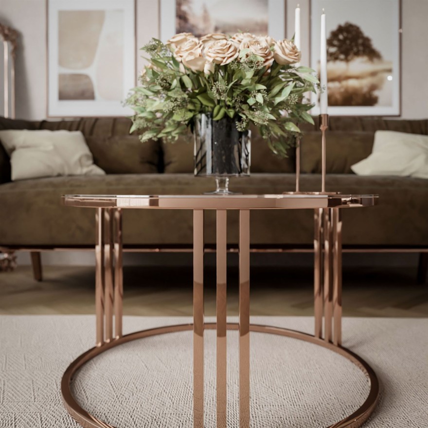 Okrągły stolik kawowy LORI GLASS z miedzianym stelażem
