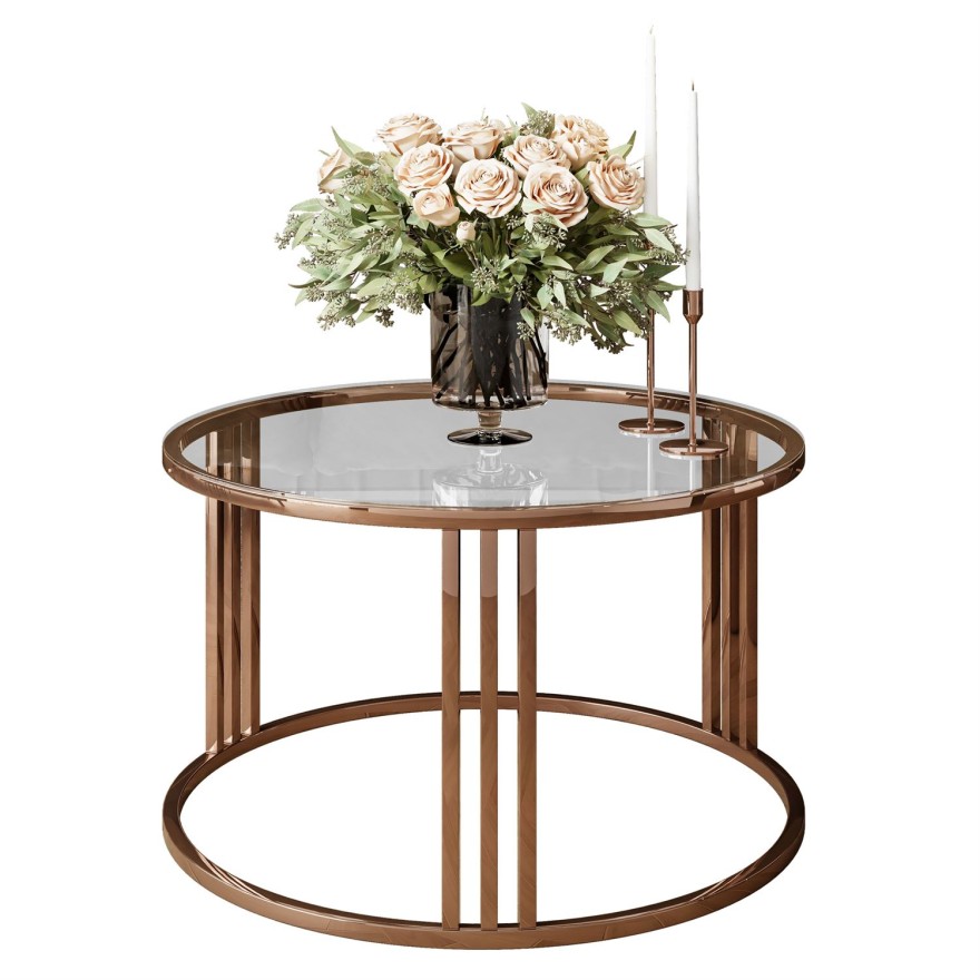 Okrągły stolik kawowy LORI GLASS z miedzianym stelażem