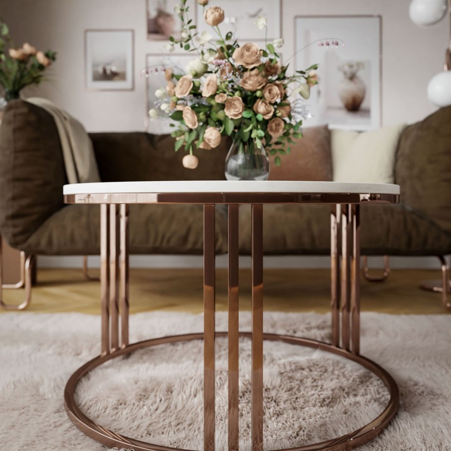 Okrągły stolik kawowy LORI mat z miedzianym stelażem