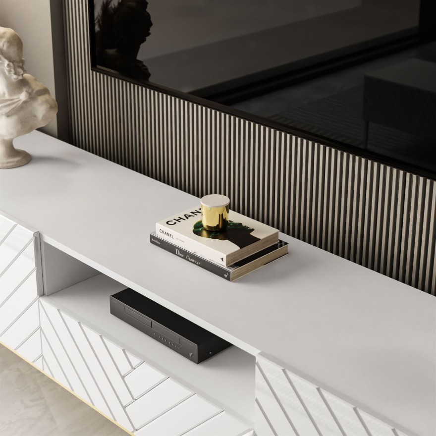 Szafka RTV SANTILE 190 cm na złotych nogach wysoki połysk