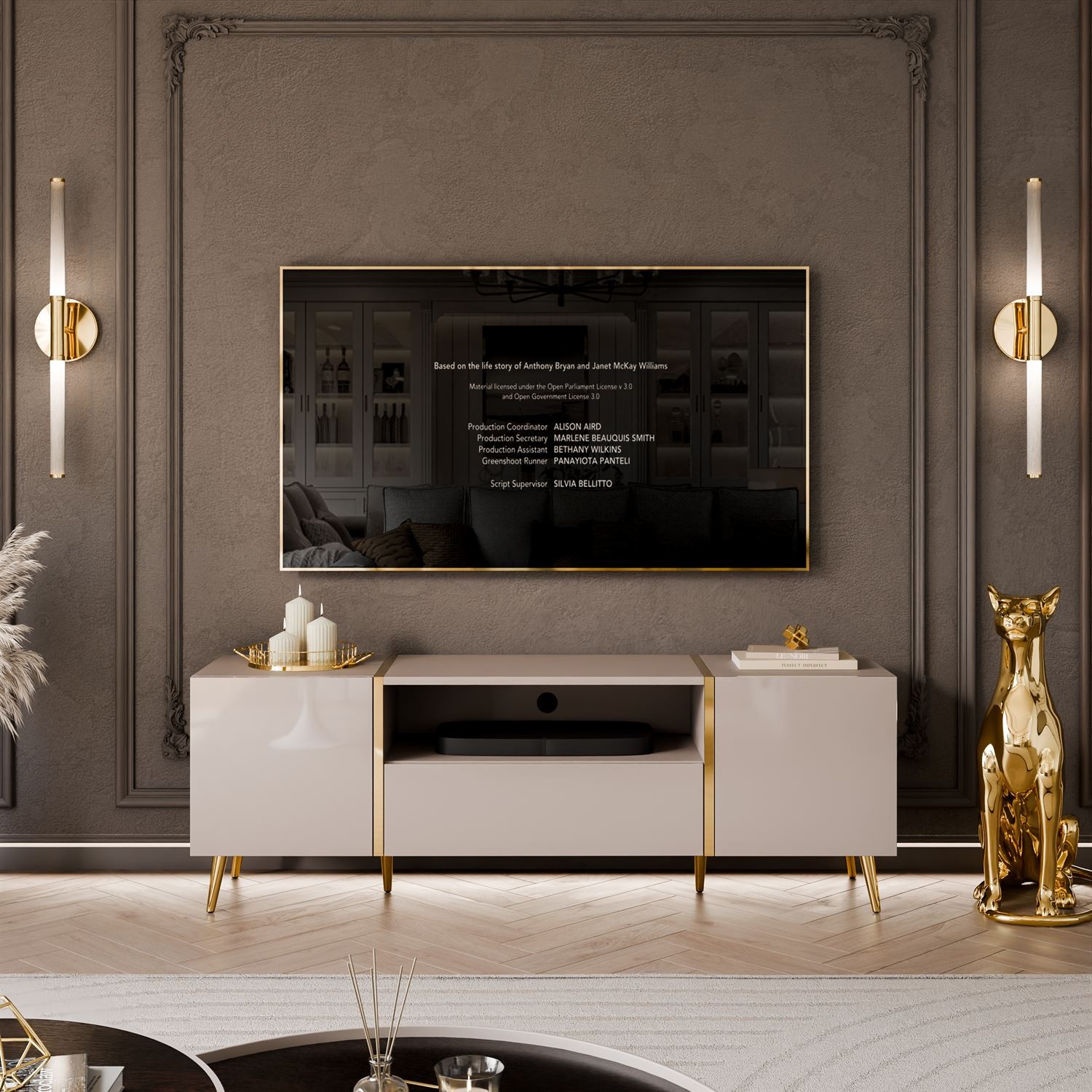 Szafka RTV ONYX 158 cm kaszmir na złotych nóżkach wysoki połysk