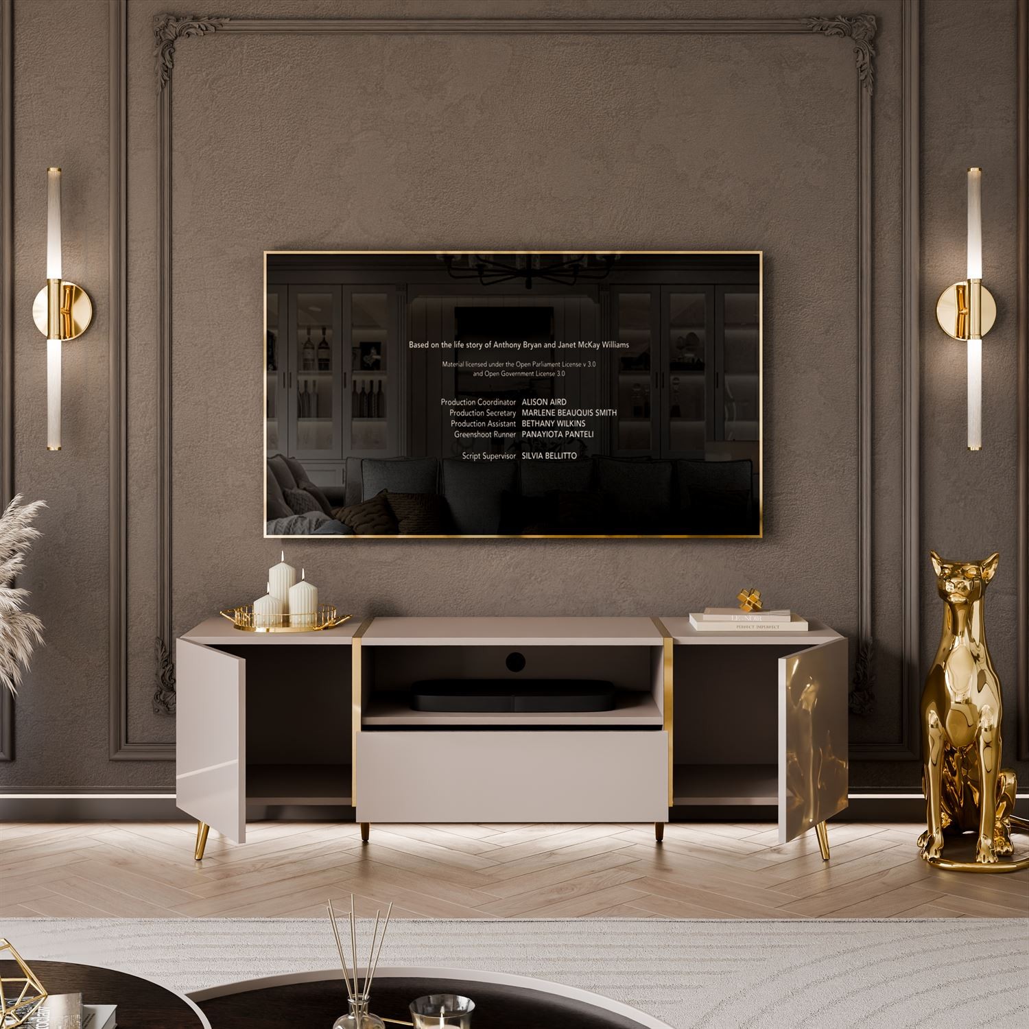 Szafka RTV ONYX 158 cm kaszmir na złotych nóżkach wysoki połysk