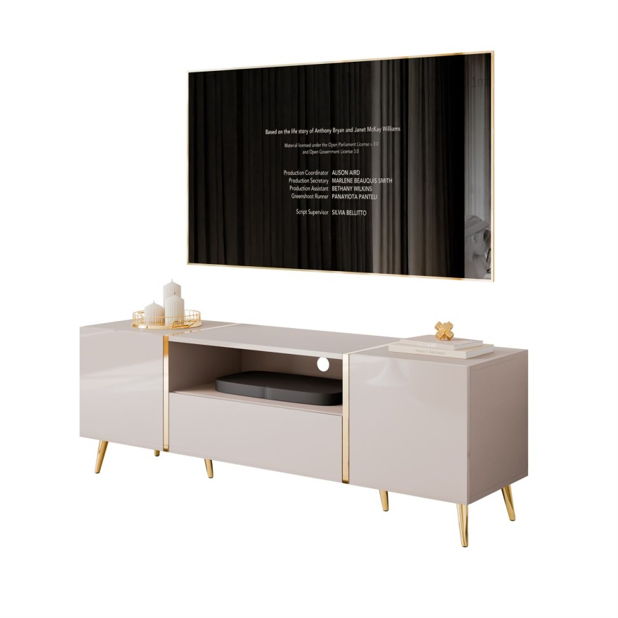 Szafka RTV ONYX 158 cm kaszmir na złotych nóżkach wysoki połysk
