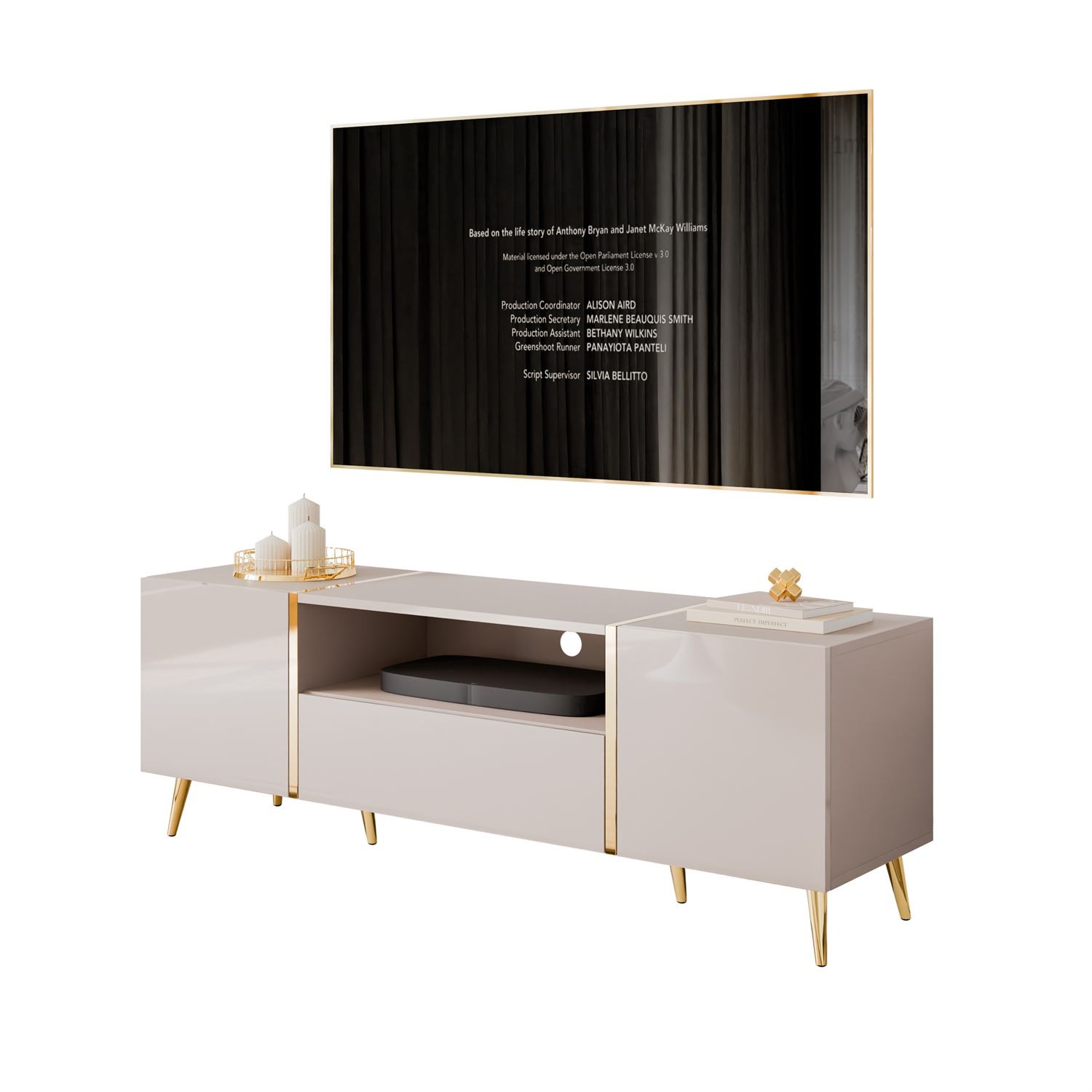 Szafka RTV ONYX 158 cm kaszmir na złotych nóżkach wysoki połysk