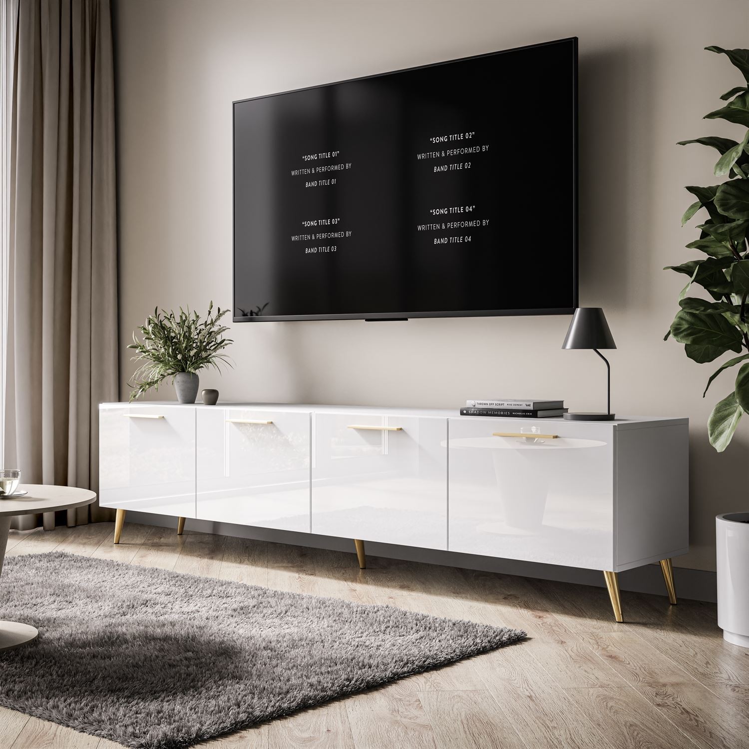 Szafka RTV BIAŁA AURA 200 cm z uchwytami