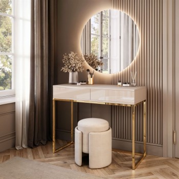 Toaletka BLANCO GLAMOUR KASZMIR na złotym chromowanym stelażu z lustrem LED