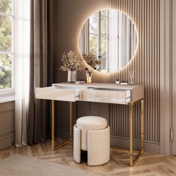 Toaletka BLANCO GLAMOUR KASZMIR na złotym chromowanym stelażu z lustrem LED