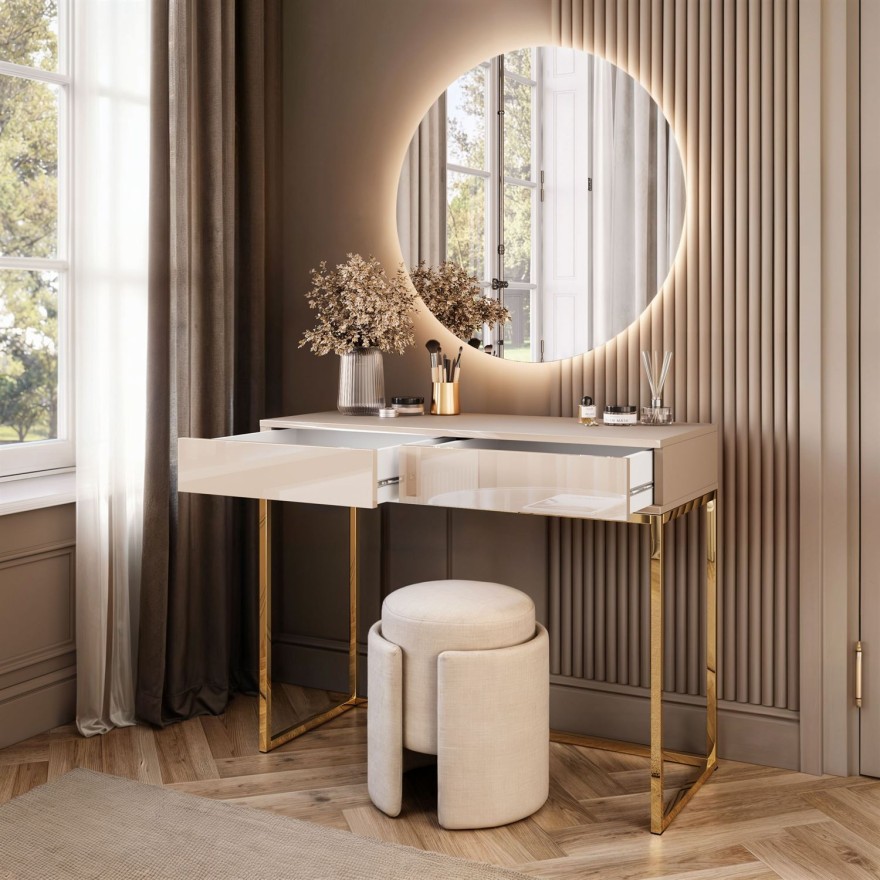 Toaletka BLANCO GLAMOUR KASZMIR na złotym chromowanym stelażu z lustrem LED