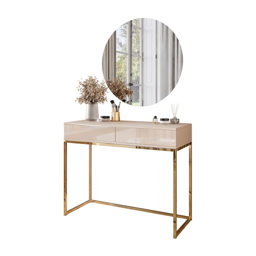 Toaletka BLANCO GLAMOUR KASZMIR na złotym chromowanym stelażu z lustrem LED