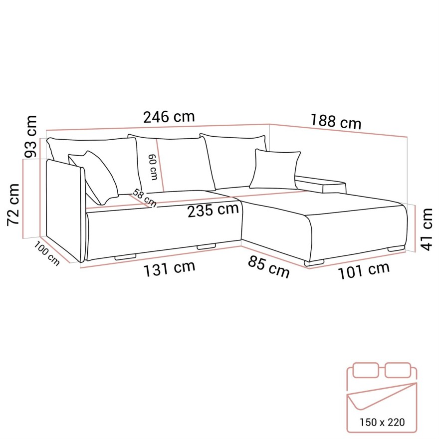 Narożnik tapicerowany LAVIO L z funkcją spania i pojemnikiem na pościel