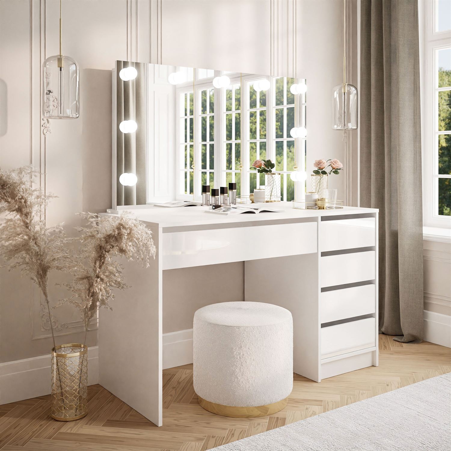 Toaletka MADA ELITE z lustrem i oświetleniem biały połysk