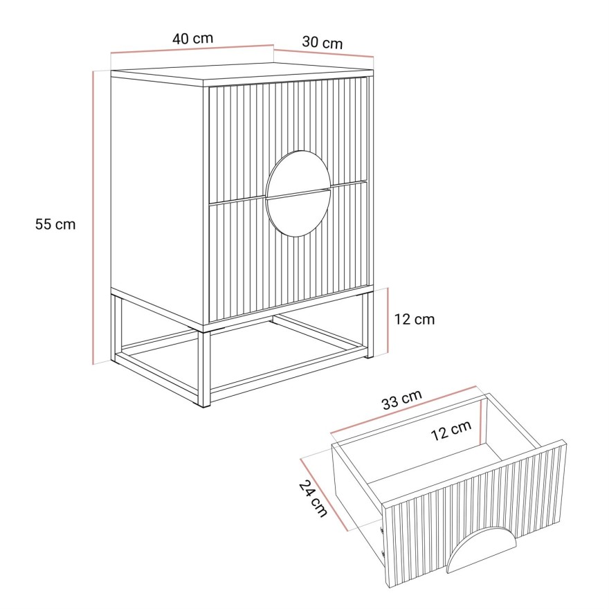 Szafka nocna LUNO z ryflowanym frontem na stelażu