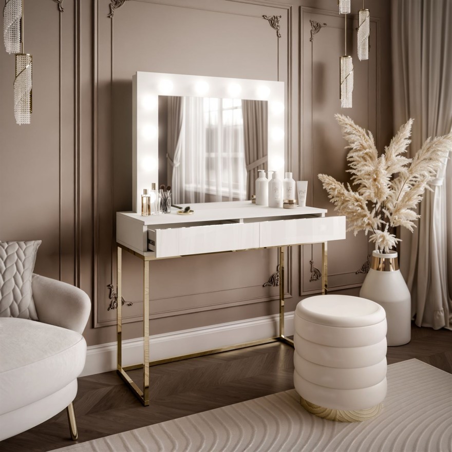 Toaletka kosmetyczna BLANCO z lustrem i oświetleniem złoty chrom