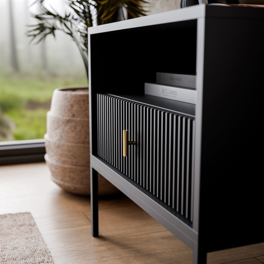 Stolik nocny MIDNIGHT z ryflowanym frontem na stelażu